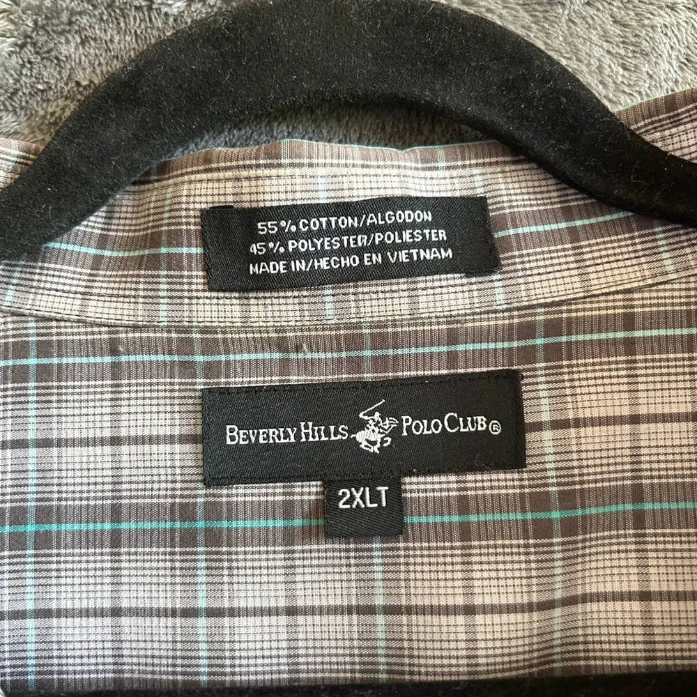 Beverly Hills Polo Club Shirt‎ Mens 2XLT Tall Gray Blue Plaid Classic Dadcore